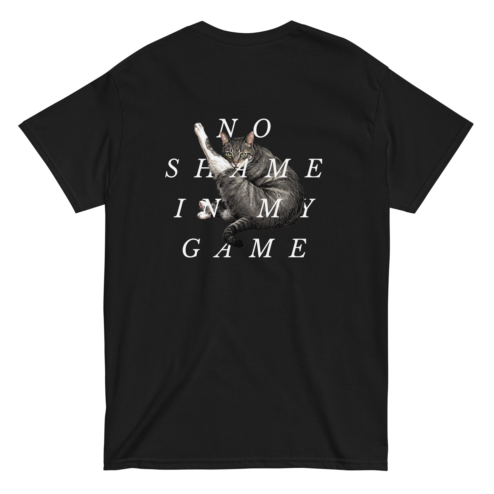 No Shame In My Game tabby cat leg up grooming pose tee shirt