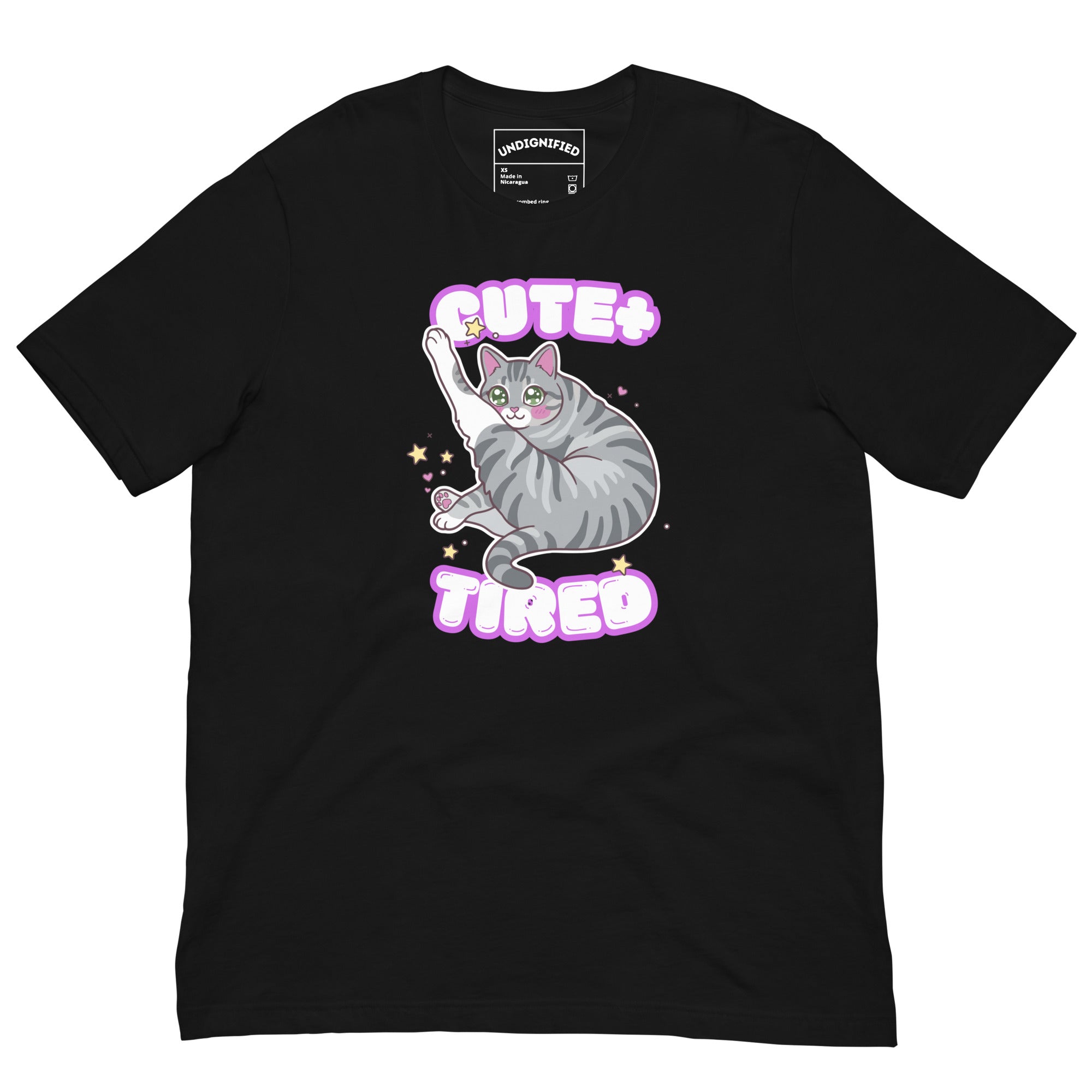 Black Kawaii Cute + Tired tabby Cat Tshirt