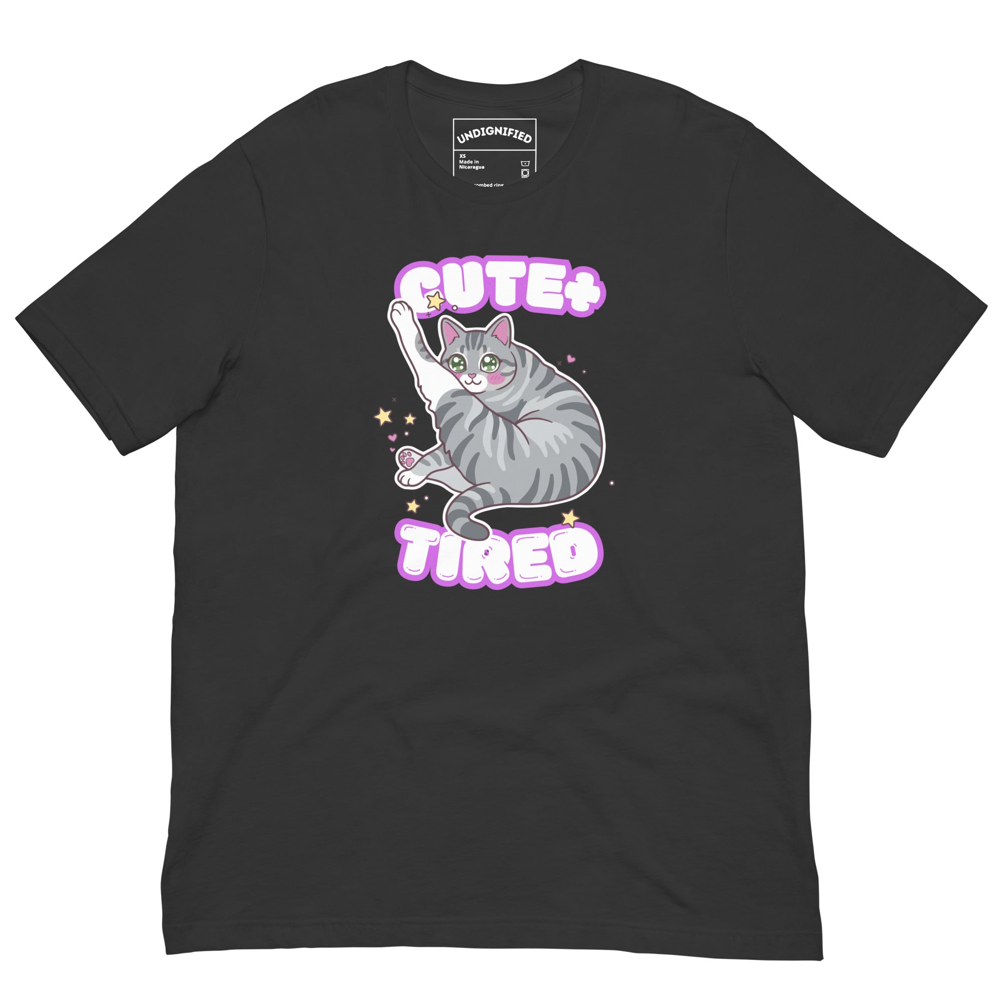 Dark Grey Kawaii Cute + Tired tabby Cat Tshirt