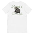 Front view of a white Bella + Canvas t-shirt featuring a graphic of a tabby cat grooming itself with the text Dignity is Optional.