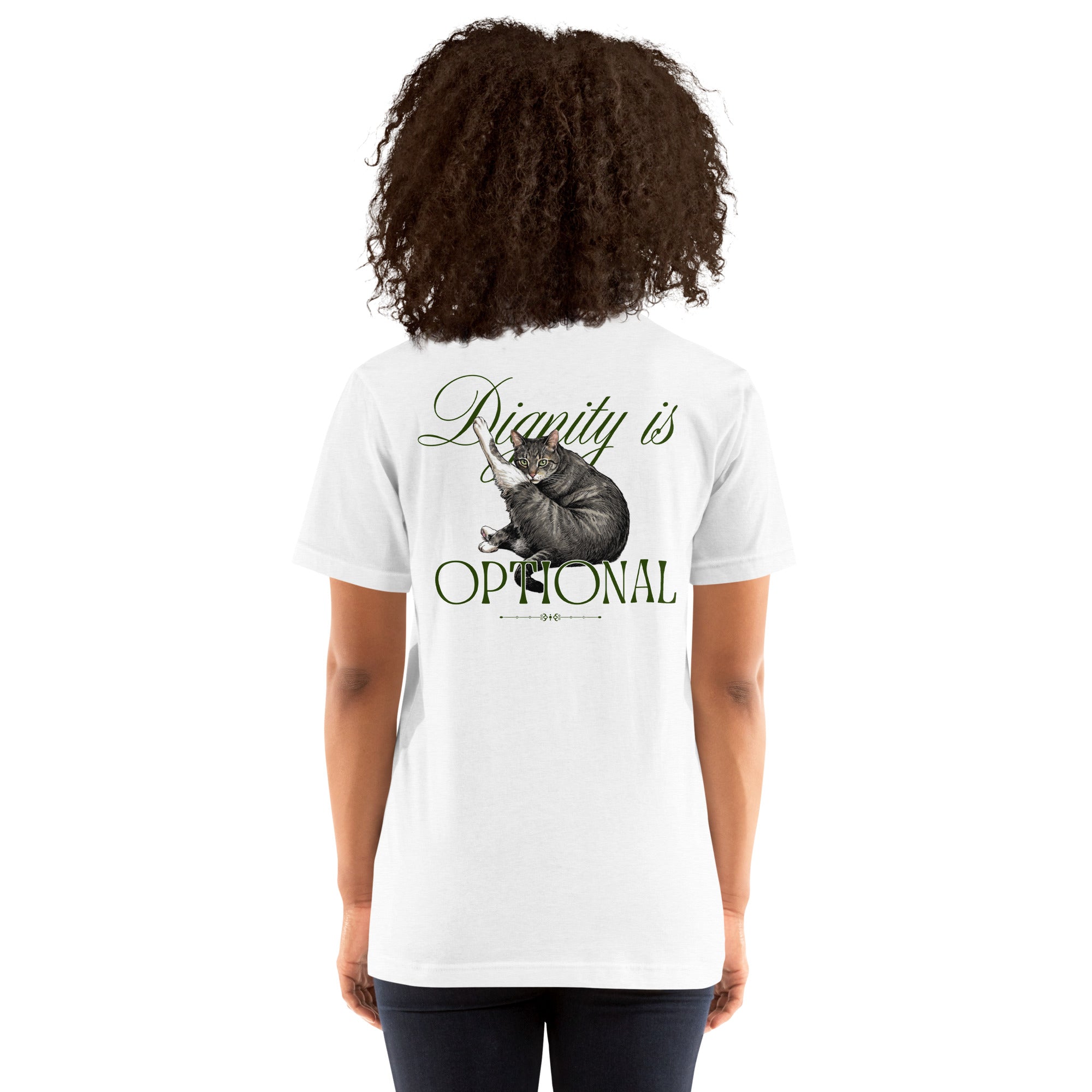 Model wearing the Undignified Studios Dignity is Optional cat shirt in a casual outdoor setting.
