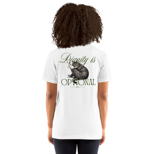 Model wearing the Undignified Studios Dignity is Optional cat shirt in a casual outdoor setting.