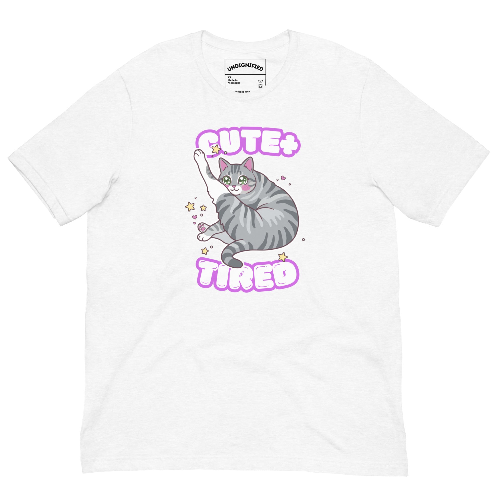 White grey Kawaii Cute + Tired tabby Cat Tshirt